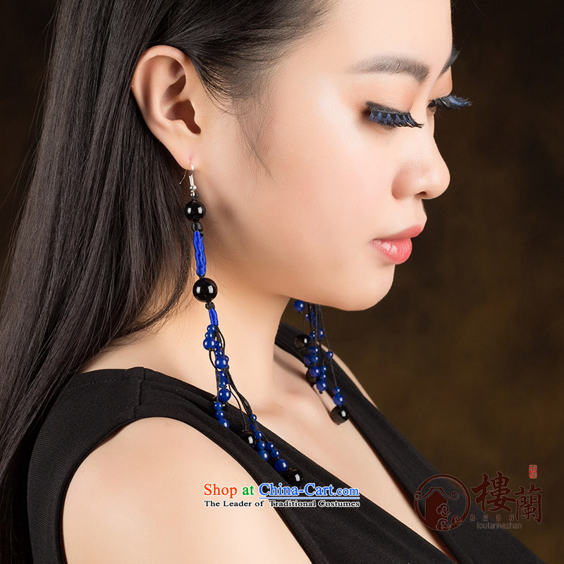Ancient Costume earrings dark blue agate retro ethnic decorations female long temperament ear fall arrest ordinary alloy earhook_high hardness, not easy to deform, possession of the United States , , , shopping on the Internet