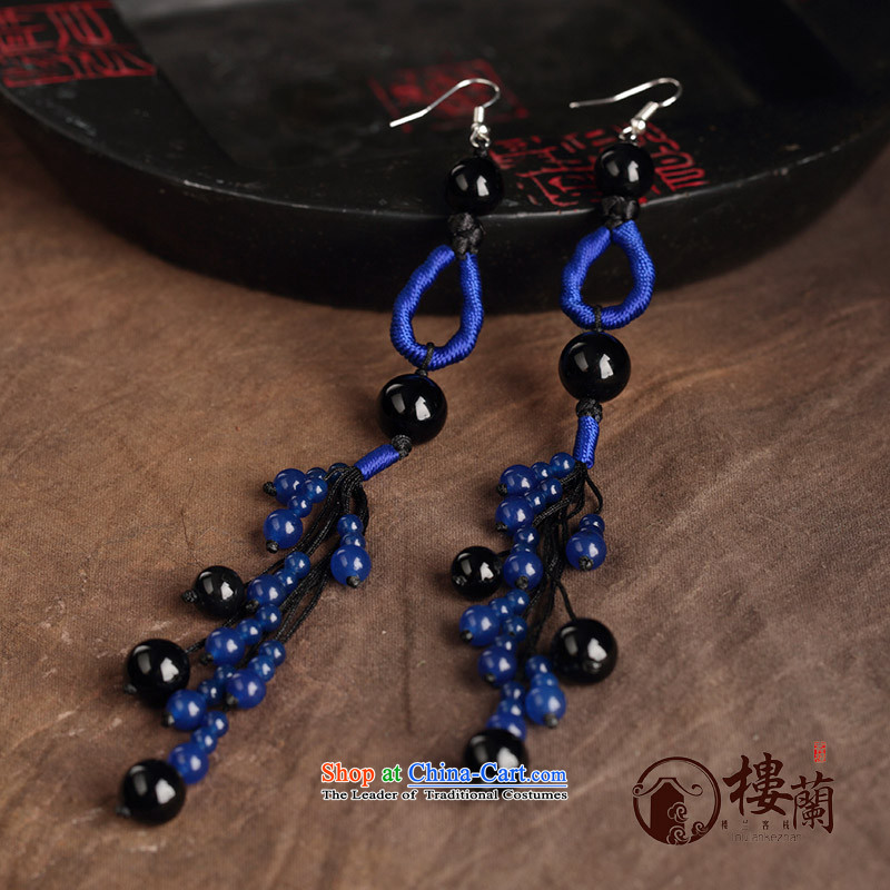 Ancient Costume earrings dark blue agate retro ethnic decorations female long temperament ear fall arrest ordinary alloy earhook_high hardness, not easy to deform, possession of the United States , , , shopping on the Internet