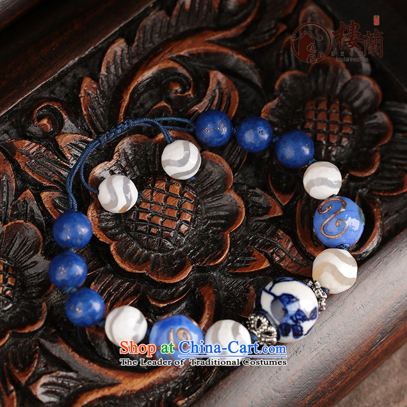 Blue ethnic Dzi Bead bracelets agate hand string porcelain glass retro China wind ornaments female wrist net size _Please attach a wrist strap is _14-17 cm