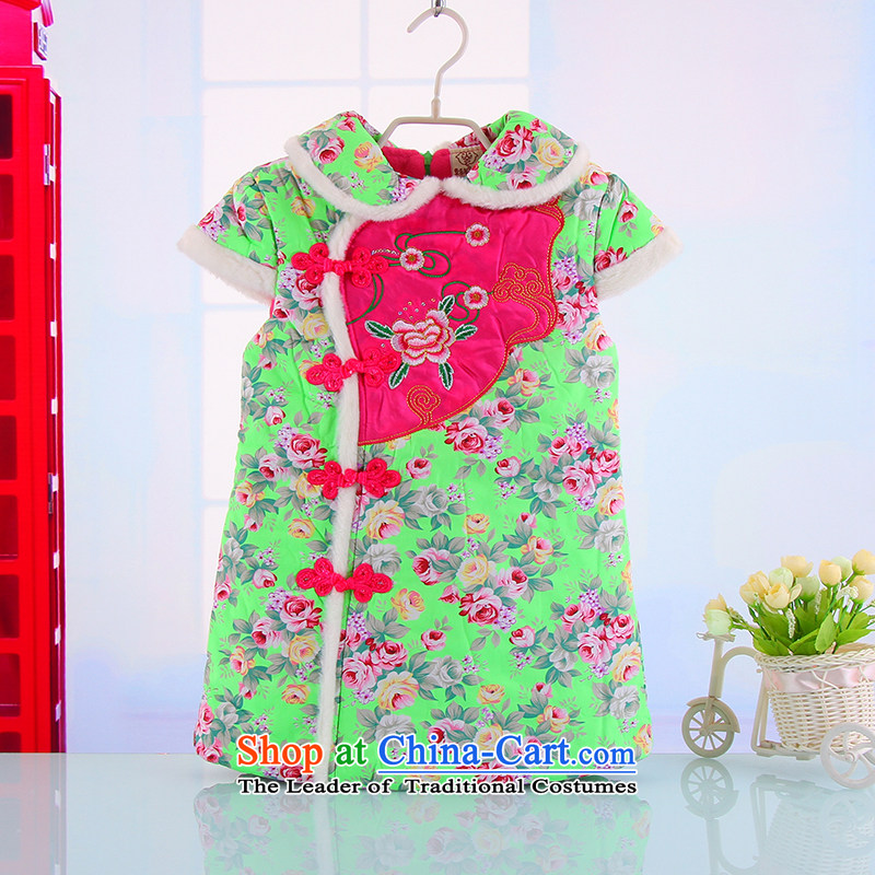 Winter festival of the new children's New Year in female child qipao pure cotton waffle robes female Po qipao stamp yi light green 130
