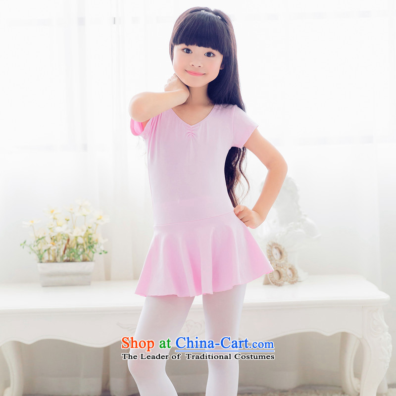 The cries of dance performances to serve girls exercise clothing short-sleeved Summer early childhood performances ballet skirt cotton gymnastics 150cm, blue lake serving adjustable leather case package has been pressed shopping on the Internet