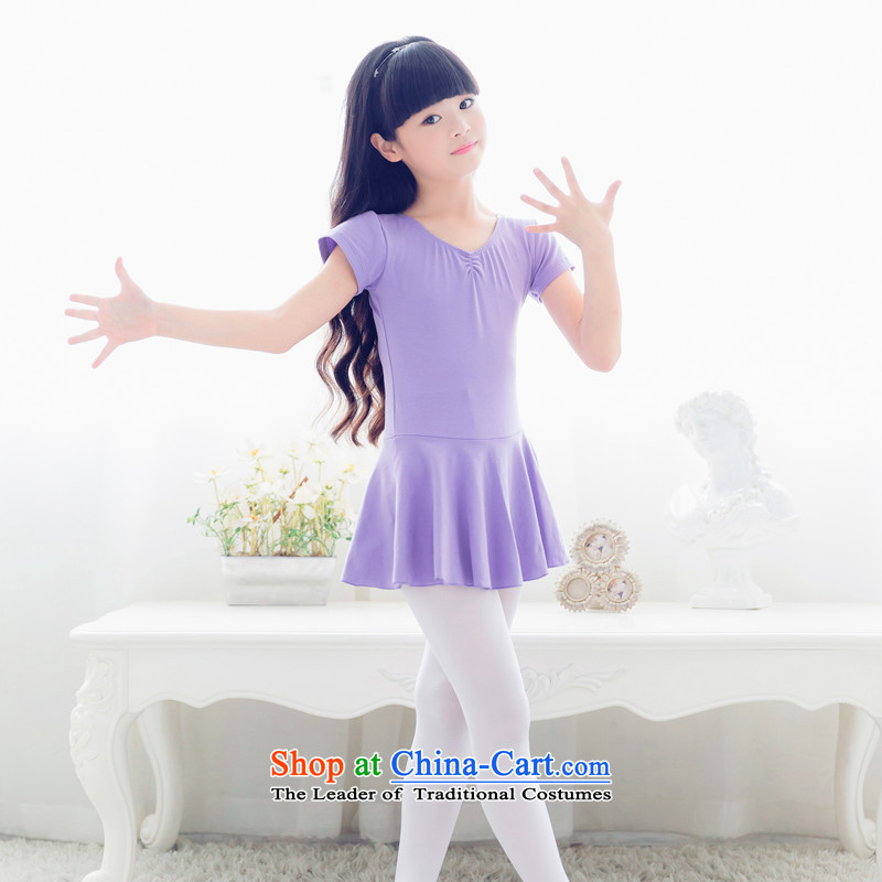 The cries of dance performances to serve girls exercise clothing short-sleeved Summer early childhood performances ballet skirt cotton gymnastics 150cm, blue lake serving adjustable leather case package has been pressed shopping on the Internet