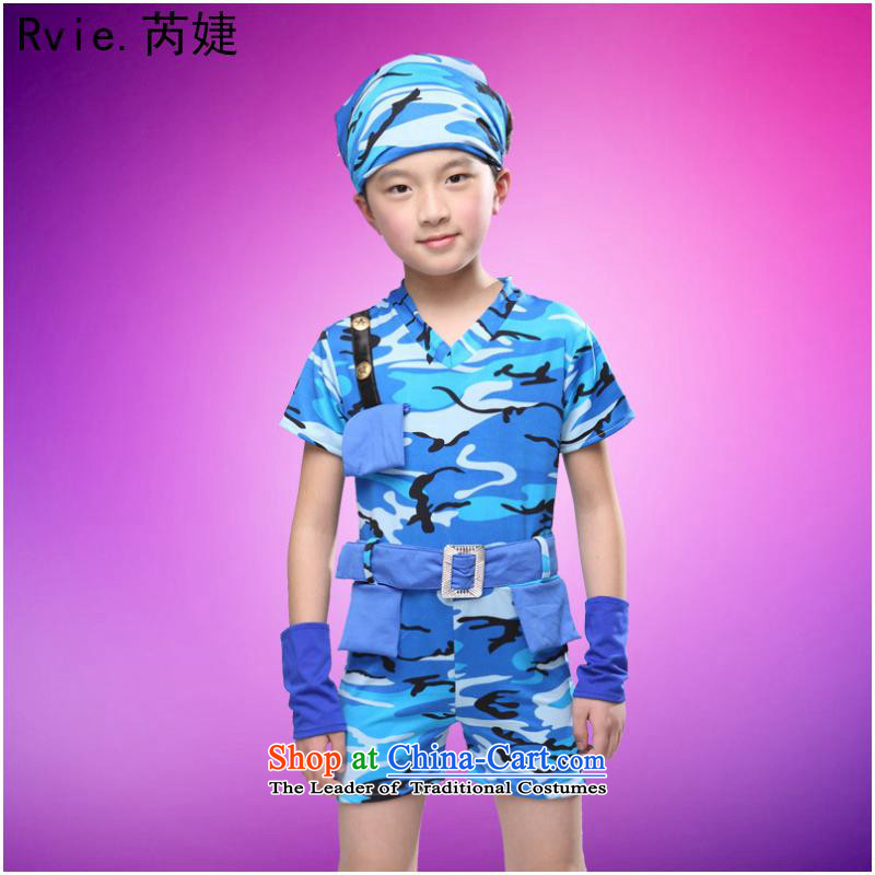 61. Children for boys and girls will new camouflage uniforms uniform short-sleeve kit for children with theatrical performances services Blue 150cm