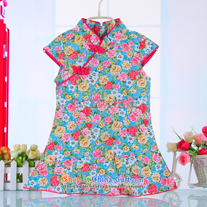 The spring and summer of the Tang dynasty qipao children girls short-sleeved dresses pure cotton saika China wind retro baby blue skirt 120 Bunnies Dodo xiaotuduoduo) , , , shopping on the Internet