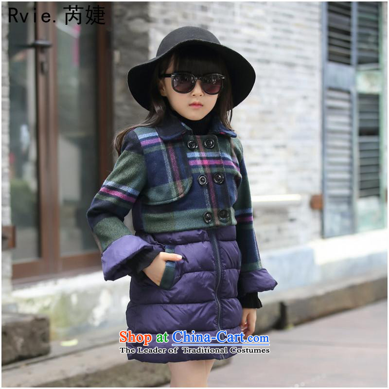 The girl child ?ta?2015 winter clothing new girls latticed gross cotton clothing is two kits children long cotton coat purple?130 code