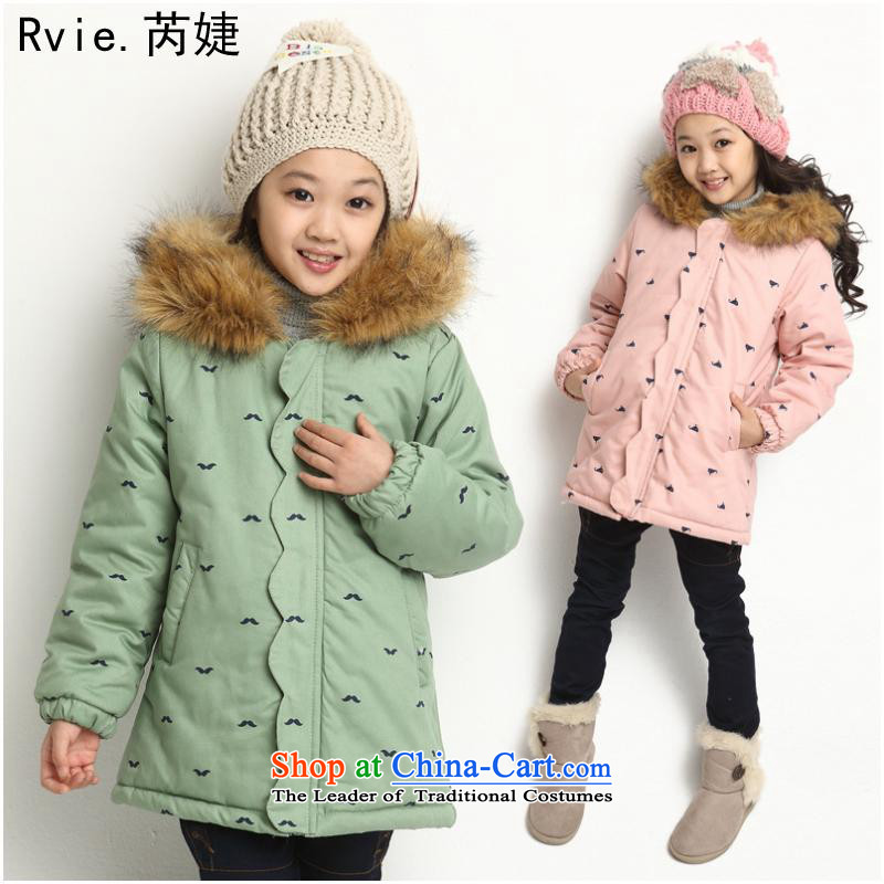The Korean version of children's wear winter 2015_ girls cotton swab for cotton waffle stamp gross girls in long coat Green 110 code