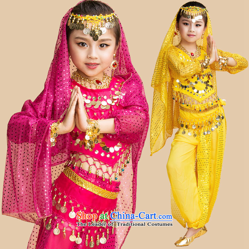 Children will long-sleeved belly dance show children wearing Indian dance performances at Children Services Bundle Set stage costumes yellow leather package has been pressed to S, shopping on the Internet