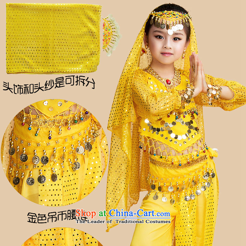 Children will long-sleeved belly dance show children wearing Indian dance performances at Children Services Bundle Set stage costumes yellow leather package has been pressed to S, shopping on the Internet