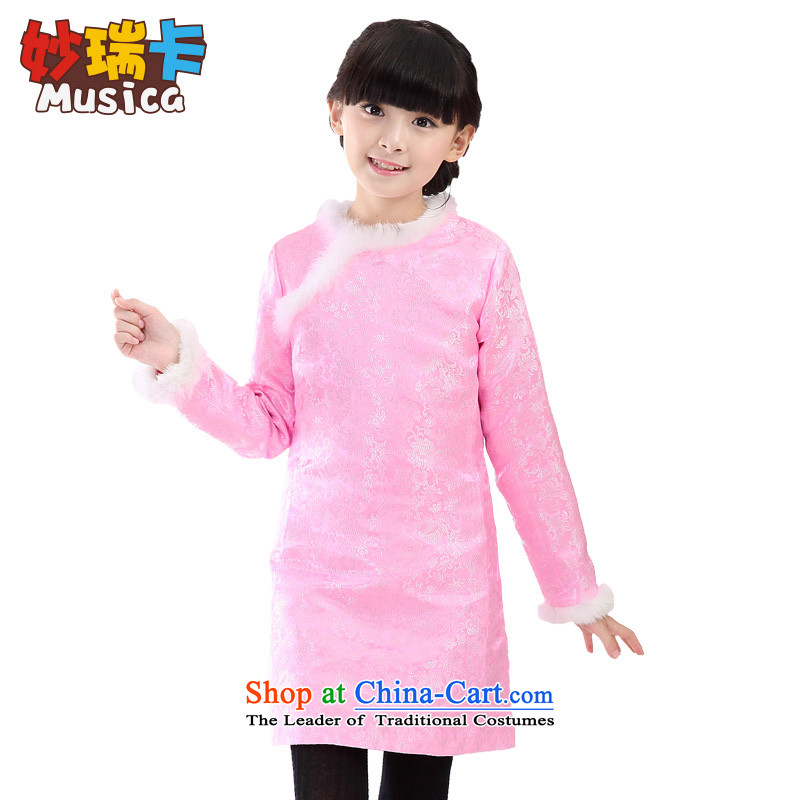 Mya_ 2015 children's wear girls cheongsam dress qipao child long-sleeved CUHK Tang dynasty China wind cotton waffle_ folder pink140