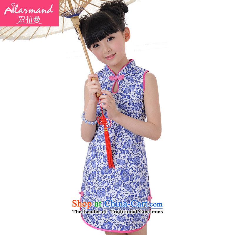 Love Rahman _ailamand_ 2015 Summer new child qipao girls Tang dynasty princess skirt pure cotton Da Tong Zheng will dress cotton qipao Blue 140
