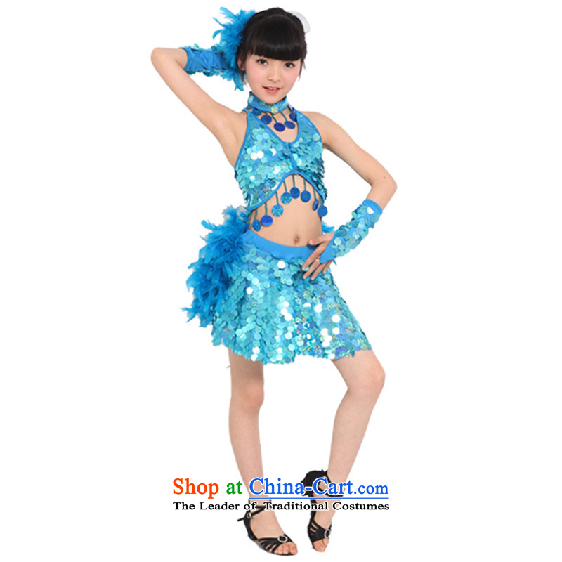 Adjustable leather case package girls serving Latin dance performances on film services Latin dance feather skirt Blue 150cm