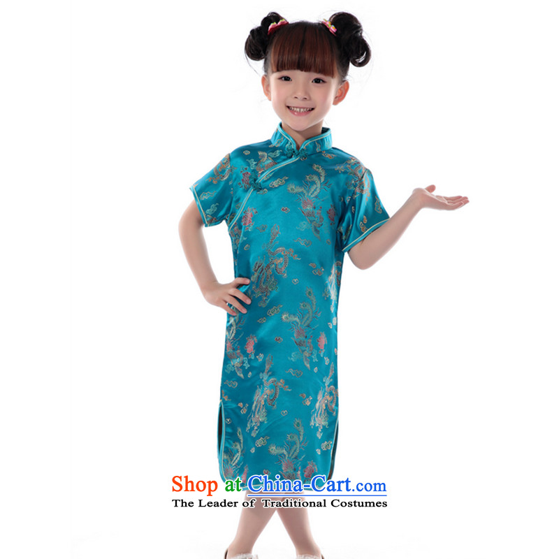 It new summer 2014 Tang dynasty girl children loaded collar brocade coverlets short-sleeved clothing to the dragon small qipao performances, blue  16, floral shopping on the Internet has been pressed.