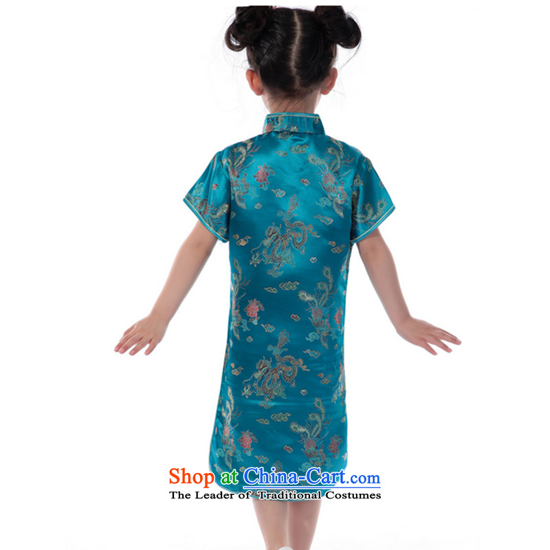 It new summer 2014 Tang dynasty girl children loaded collar brocade coverlets short-sleeved clothing to the dragon small qipao performances, blue  16, floral shopping on the Internet has been pressed.