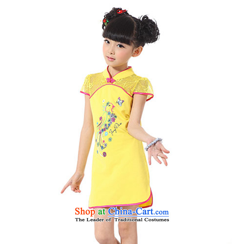 The cloth for summer 2015 found new Children Summer dresses girls dresses knocked color stitching cheongsam dress yellow pre-sale 160