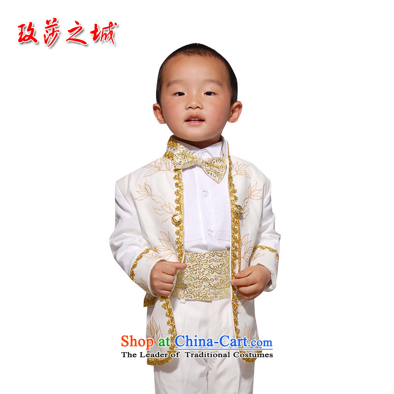 Upscale Male dress flower girl children's clothing students erhu performance package gold embroidery Chinese collar atmosphere of one of the white mylar tailor-make white 150 _Spot_