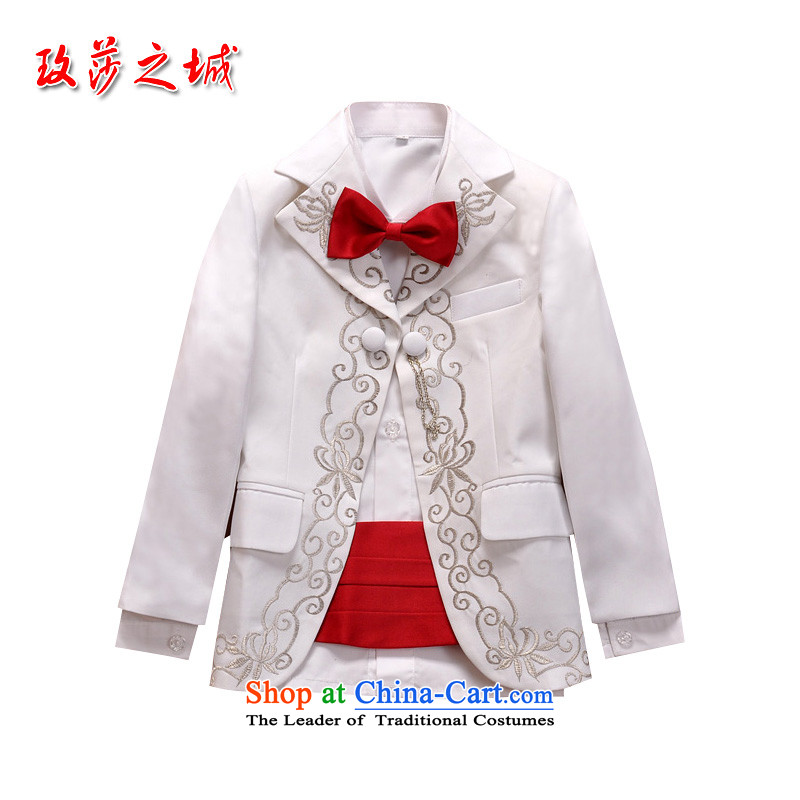 Male Flower Girls wedding dress a performance by students under the auspices of the wearing white gown package style embroidery China Wind Jacket with red bow girdles tailored White?150