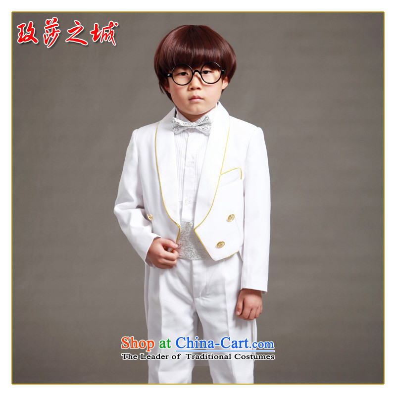 Male Flower Girls wedding frock coat Boys School performances conducted dress piano performances dress kit white frock coat gold golden coat buttoned white spot, the Mona Lisa 150 (City shopping on the Internet has been pressed.