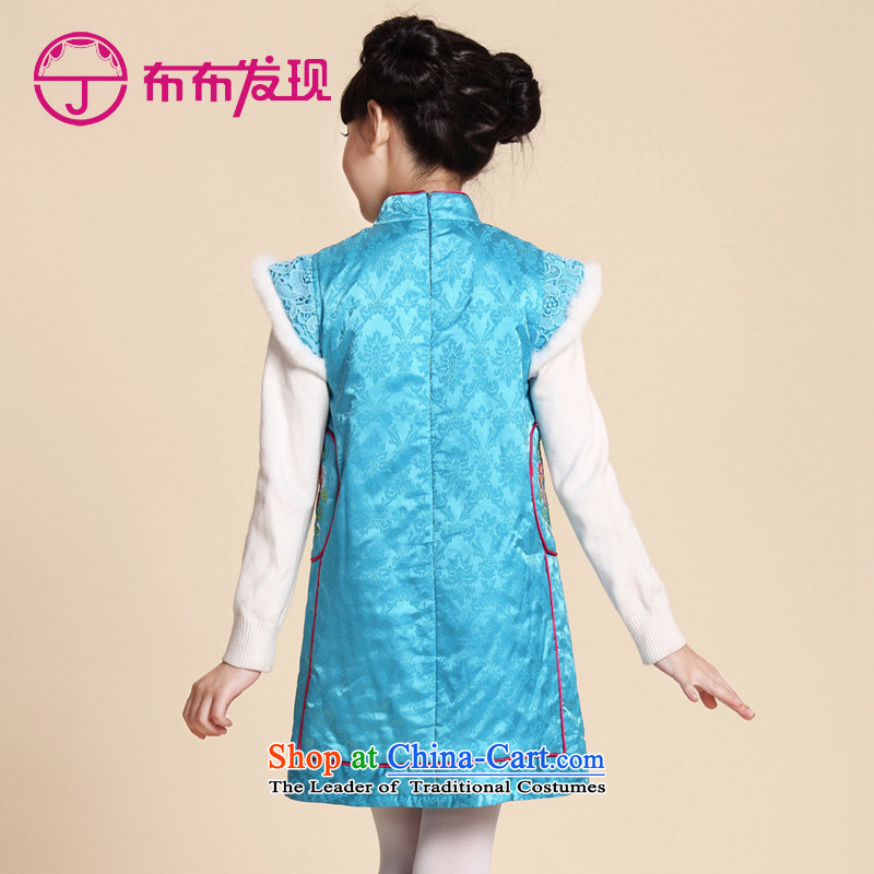 The Burkina found him 2015 autumn and winter new ethnic girls qipao rabbit hair sleeves wool stitching girls blue qipao 160 bu-bu discovery (JOY DISCOVERY shopping on the Internet has been pressed.)