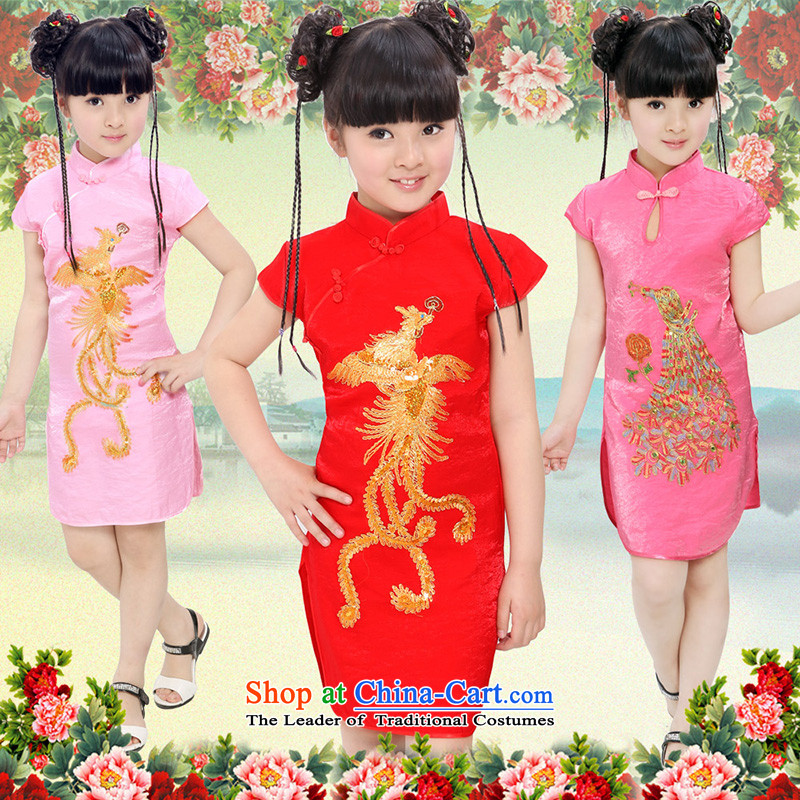 Beautiful dolls Soo children by 2015 girls qipao summer new cotton linen dresses Tang Dynasty Show skirts of peacock red 120-130 beautiful doll-soo (liangliwawaxiu) , , , shopping on the Internet