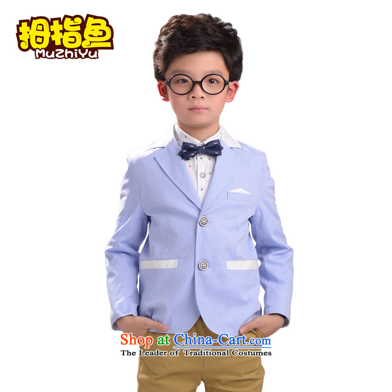 Thumb spring fish new boy children Korean small business suits small suit coats child services show large flower girls serving Blue 130