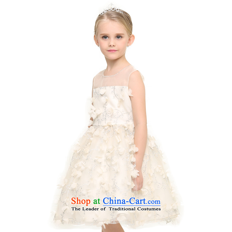 In accordance with the girl child friendly picking princess skirt dress girls dresses upscale manually children Princess Pearl of the nails skirt will round-neck collar chiffon petals wedding dress apricot color150
