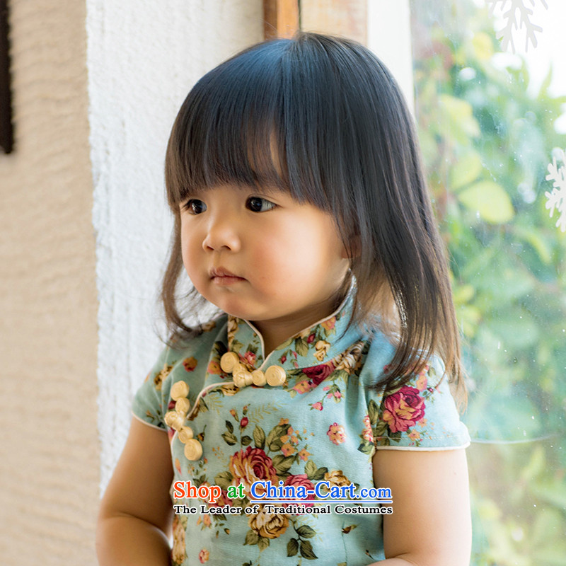 Child Lok Wei spring and summer new child qipao Tang dynasty girls short-sleeved dresses arts fan cotton linen dress suits your baby Chinese Antique?120