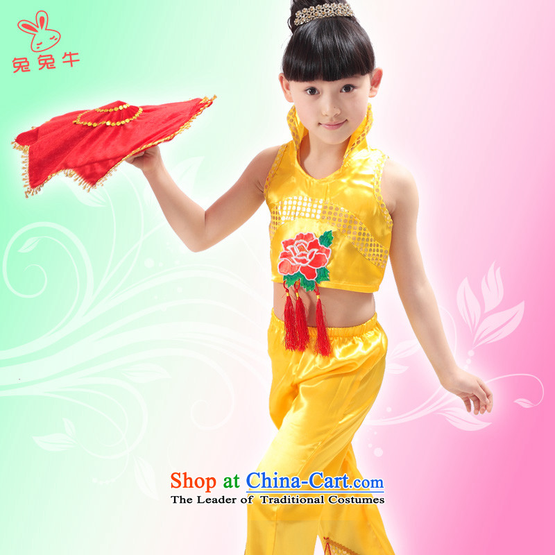 Rabbit and cow costumes Girl Children Dance Dance national stream skirt handkerchief su hulling mill cabaret service pack Yellow and cattle has been pressed and 140cm, shopping on the Internet