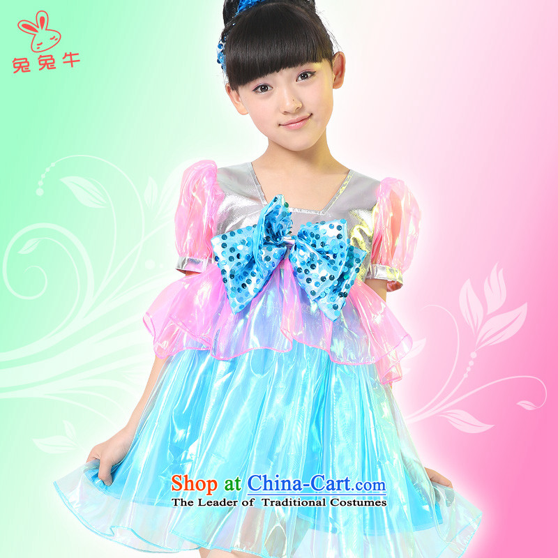Rabbit and cattle children dance folk dance will dress girls costumes and early childhood stage costumes Blue 150cm