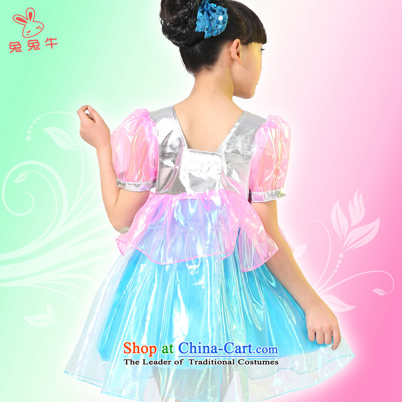 Rabbit and cattle children dance folk dance will dress girls costumes and early childhood stage costumes and rabbit Cattle Blue 150cm, shopping on the Internet has been pressed.