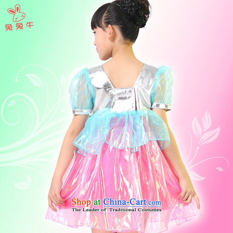 Rabbit and cattle children dance folk dance will dress girls costumes and early childhood stage costumes and rabbit Cattle Blue 150cm, shopping on the Internet has been pressed.
