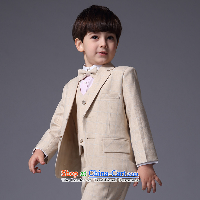 Eyas of spring and summer 2015 Korean children dress suit boy Flower Girls dress Kit Flower Girls suit wedding celebrate Children's Day costumes show services apricot color grid Four piece set (no shirt) 110,EYAS,,, shopping on the Internet