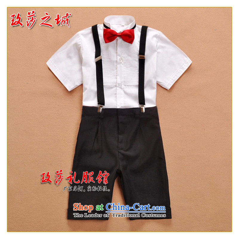 The boy summer performances dress Kit Flower Girls in trousers shorts summer black trousers, white ground blue short-sleeved shirt pink with LED backlight white short-sleeved shirt knot + black trousers. + strap + 150 (SPOT), collar in the city of Windsor