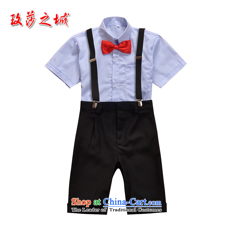 The boy summer performances dress Kit Flower Girls in trousers shorts summer black trousers, white ground blue short-sleeved shirt pink with LED backlight white short-sleeved shirt knot + black trousers. + strap + 150 (SPOT), collar in the city of Windsor