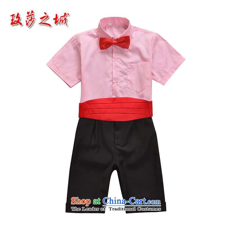 The boy summer performances dress Kit Flower Girls in trousers shorts summer black trousers, white ground blue short-sleeved shirt pink with girdles collar pink shirt + short-sleeved black trousers. + girdles tie?150 _Spot_
