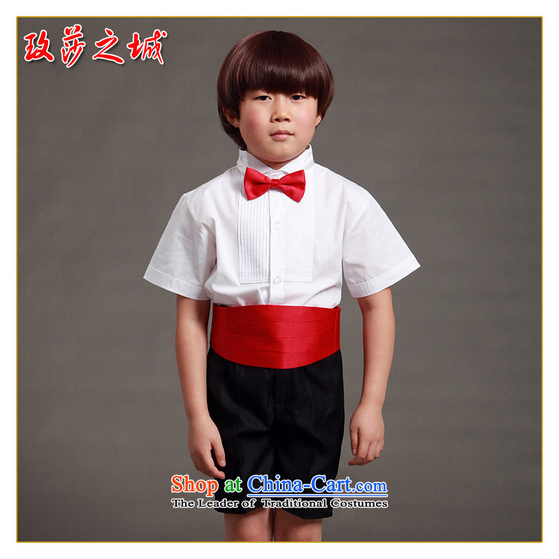 The boy summer performances dress Kit Flower Girls in trousers shorts summer black trousers, white ground blue short-sleeved shirt pink with girdles collar pink shirt + short-sleeved black trousers. + girdles tie), the Mona Lisa 150 (spot of city shopping