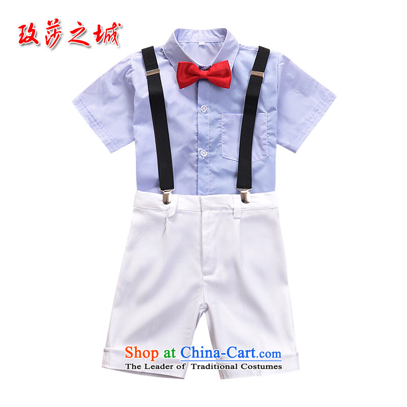 The boy summer performances dress Kit Flower Girls in trousers shorts summer white trousers, white ground blue short-sleeved shirt pink with LED backlight white short-sleeved shirt knot + white trousers. 150 (SPOT), the city of Windsor shopping on the Int