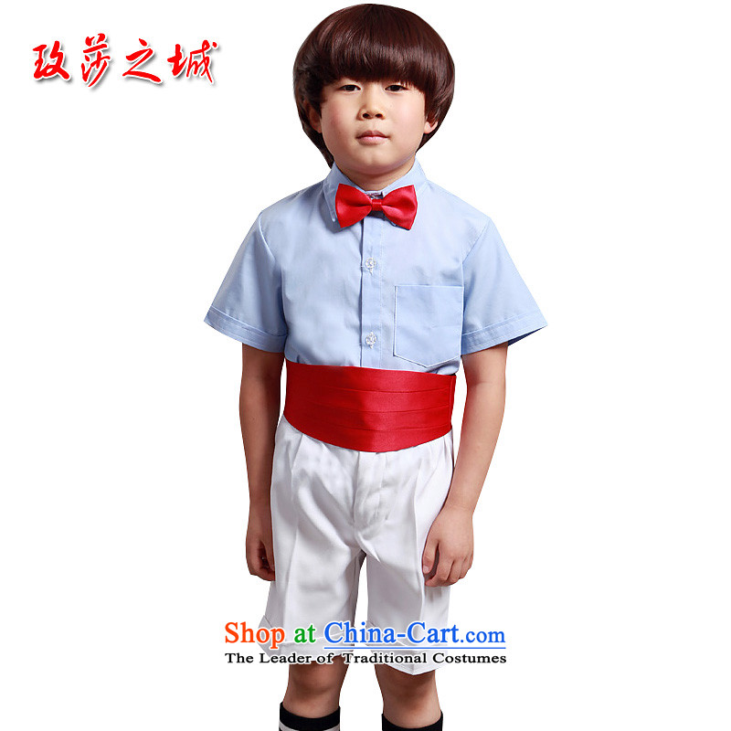 The boy summer performances dress Kit Flower Girls in trousers shorts summer white trousers, white ground blue short-sleeved shirt pink with girdles collar and white short-sleeved shirt + white trousers. 140 (SPOT), the city of Windsor shopping on the Int