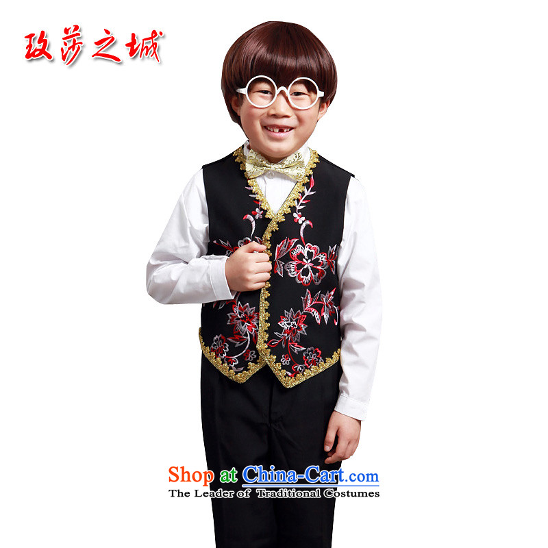 The boy, a black color embroidery on China wind package gold edge stereo embroidery peony children, by flower girls and a black vest black