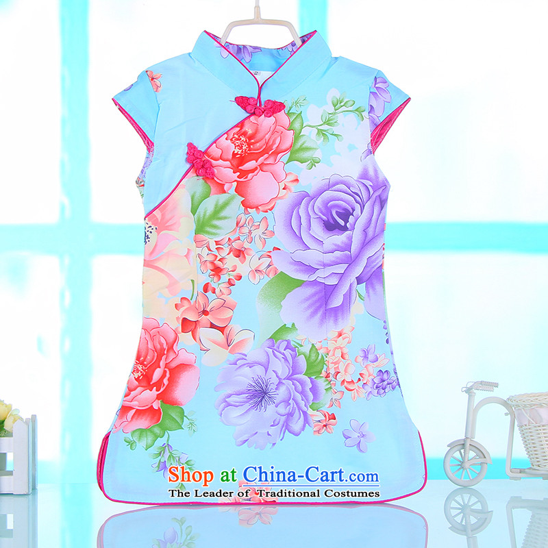 The spring and summer new children Tang dynasty qipao ink Flower Girls short-sleeved dresses Chinese literature and art pure cotton baby blue skirt 120-130 of the Point and shopping on the Internet has been pressed.