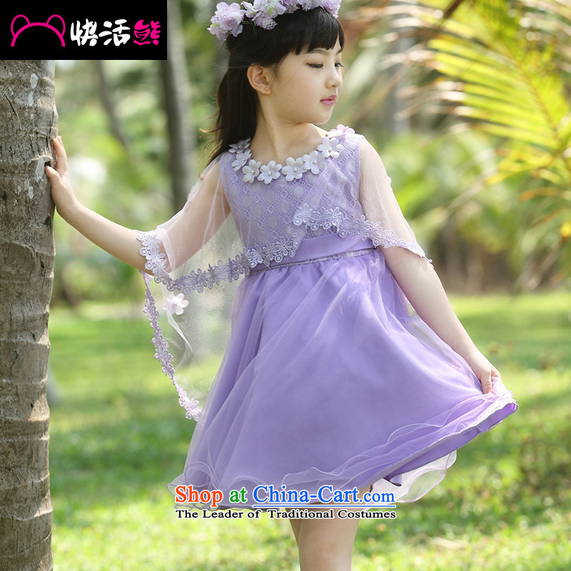 Happy Xiong 2015 summer, reinsert the girl child will children's wear dresses CUHK child round-neck collar white lace bon bon dress short-sleeved princess skirt violet 110, happy xiong , , , shopping on the Internet