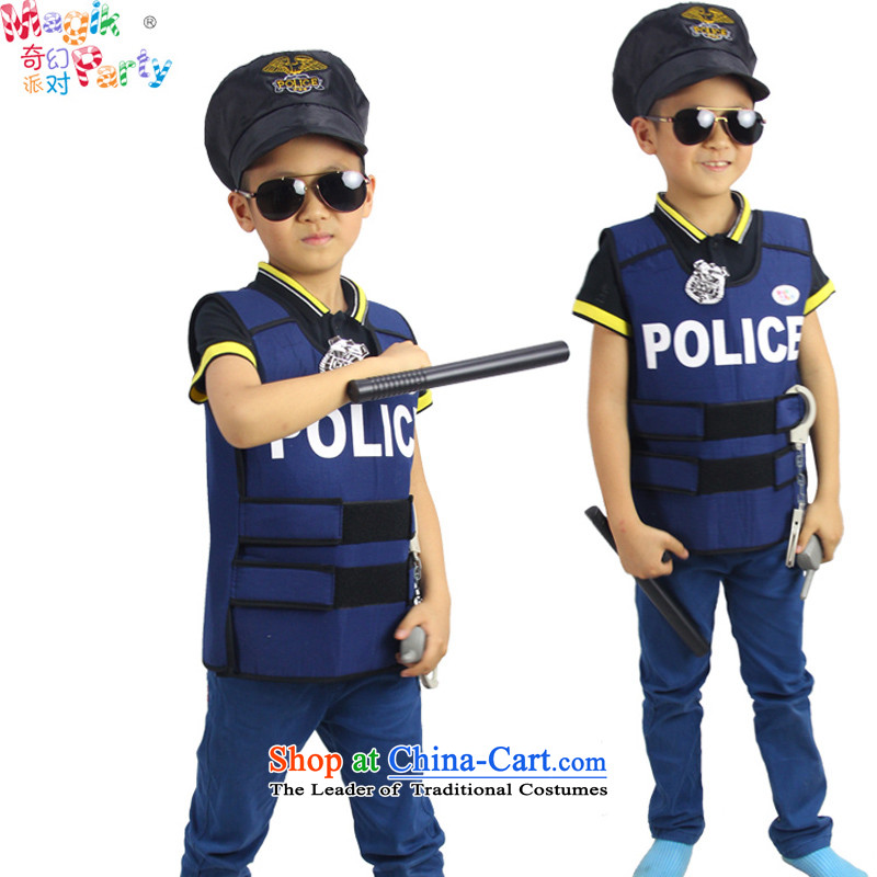 Fantasy to celebrate Children's Day to send the boy son birthday gift costumes Dress Photography parent-child services children police uniform police vest police vest (the hat to props) code (elastic band height adjust 100-140cm, fantasy party (magikparty