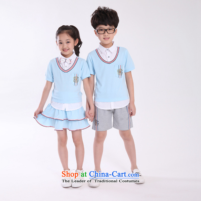 Summer 2015 new children's wear small children of both sexes performances CUHK T-shirts, skirts shorts Korean school garden garments faculty and students of the school uniform false three kit summer sky blue_ _female_,?170 yards _recommendation 155-165CM_
