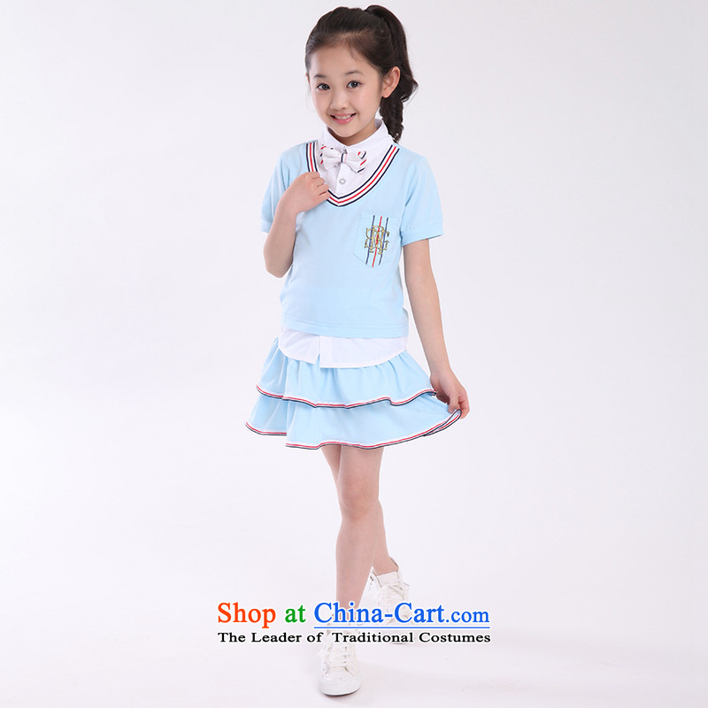 Summer 2015 new children's wear small children of both sexes performances CUHK T-shirts, skirts shorts Korean school garden garments faculty and students of the school uniform false three kit summer sky blue) (female), 170 yards (recommendation 155-165CM)