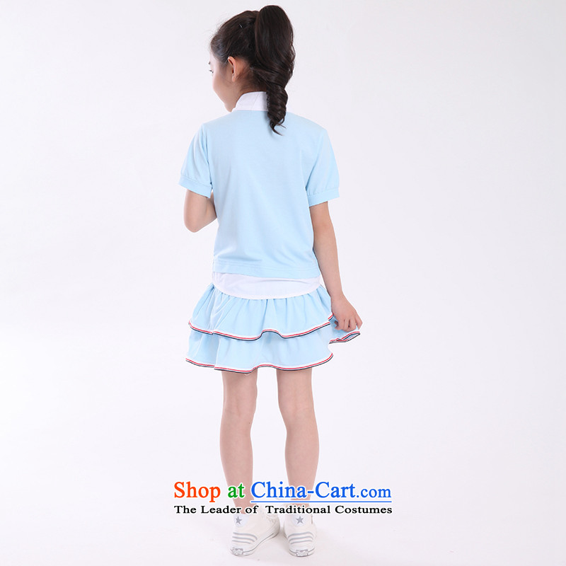 Summer 2015 new children's wear small children of both sexes performances CUHK T-shirts, skirts shorts Korean school garden garments faculty and students of the school uniform false three kit summer sky blue) (female), 170 yards (recommendation 155-165CM)