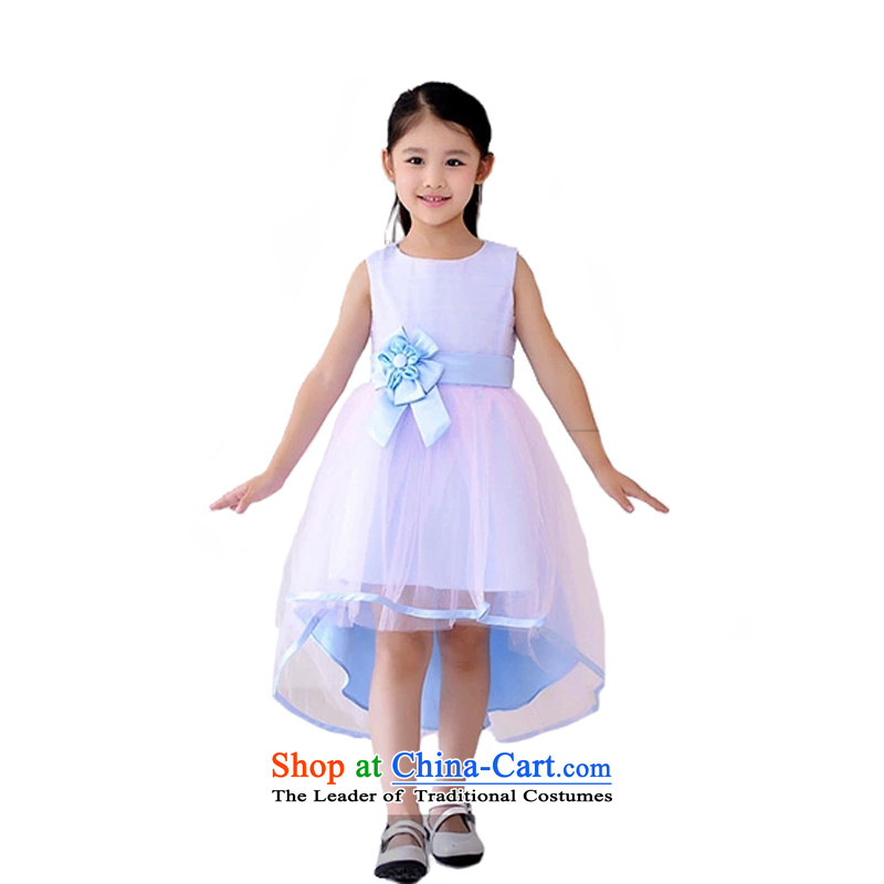 Adjustable leather case package children princess skirt girls dress skirt wedding dress long drag Flower Girls serving Blue 150cm