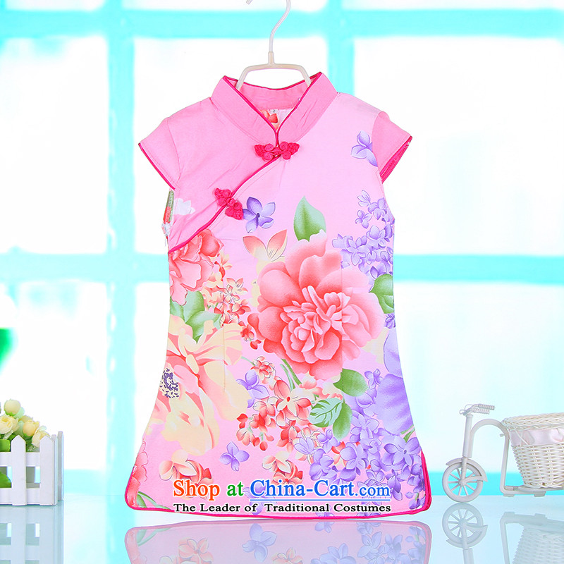 The new child qipao Tang dynasty ink Flower Girls short-sleeved dresses Chinese literature and art pure cotton baby skirt 4687th pink 120-130 Bunnies Dodo xiaotuduoduo) , , , shopping on the Internet