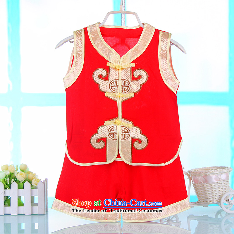 2015 Summer boy tulles embroidered sleeveless tank top + shorts kit children aged 1 years and a half years old baby Tang dynasty 4662 for Red 110cm,