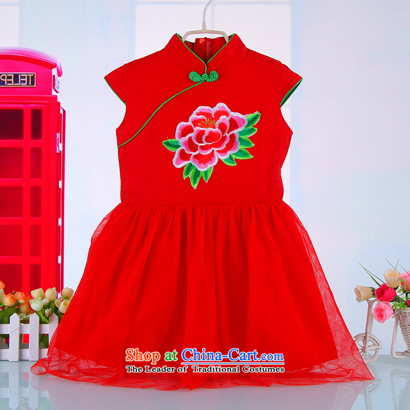 2015 Red China wind girls qipao BABY CHILDREN Tang dynasty princess cotton yarn skirt guzheng performances dress spring and summer   4685th Red 130