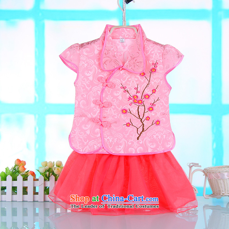 The world of summer girls Tang Dynasty Chinese improved short-sleeved cheongsam dress ethnic children dress princess skirt  4688th pink 100CM
