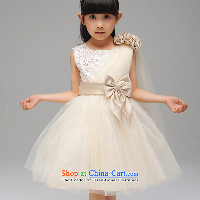 Children temperament single Beveled Shoulder girls dresses Korean version manually staple Pearl Flower Girls dress princess' skirts apricot color?140